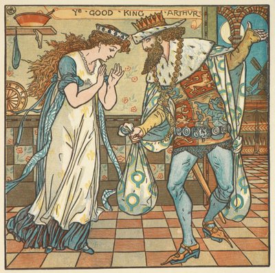 Värikuvitus "Kuningas Arthurille". Kuningas Arthur ja hänen kuningattarensa säkillisen ainesosien kanssa luumuvanukkaan valmistamiseksi. tekijältä Walter Crane