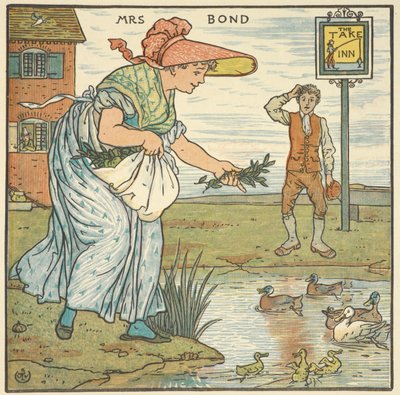 Värikuvitus rouva Bondille. Nainen ruokkimassa ankkoja majatalon ulkopuolella. tekijältä Walter Crane