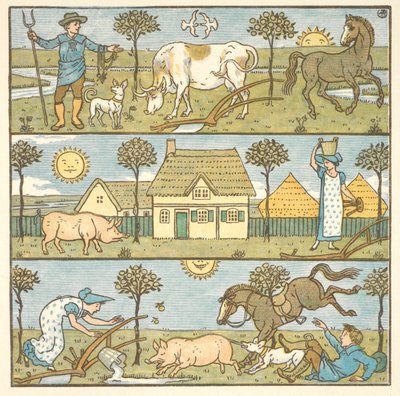 Värillinen kuva "pienelle katastrofille". Maanviljelijä, maitoneito ja erilaisia kotieläimiä. tekijältä Walter Crane