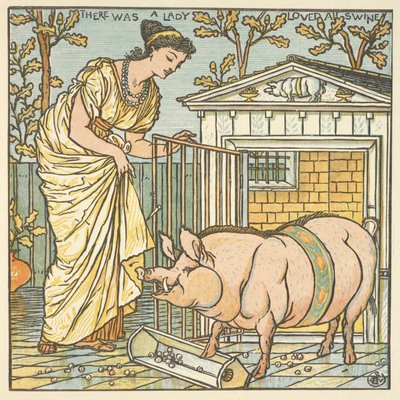 Värikuvitus sanalle "eräs nainen rakasti sikaa". Nainen ja sika. tekijältä Walter Crane