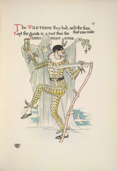 Tappava yövarjo. Mies, jolla on naamio, keltainen puku ja kädessään munaajastin ja viikate tekijältä Walter Crane