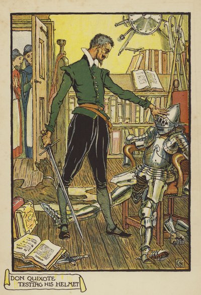 Don Quijote testaa kypärää tekijältä Walter Crane