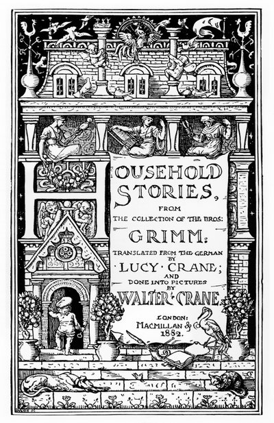 Grimmin veljesten "Household Stories" -kirjan etukansi, julkaisija Macmillan und Co., 1882 tekijältä Walter Crane