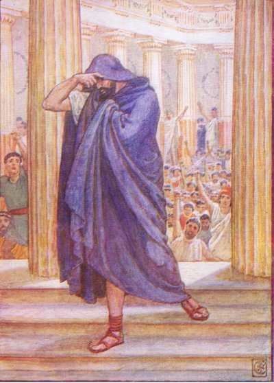 Hän poistui edustajakokouksesta piilottaen kasvonsa viittaansa, kuva Kreikan tarinasta, 1930-luku tekijältä Walter Crane