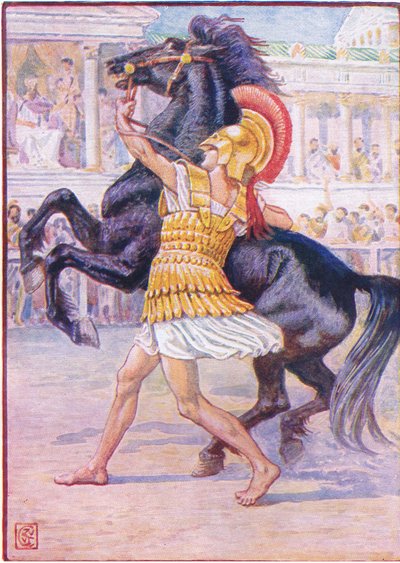 Hän juoksi hevosta kohti ja tarttui suitsiin, esimerkki Kreikan tarinasta, 1930-luku tekijältä Walter Crane