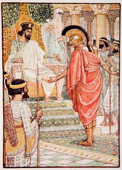 Hän seisoi hiljaa kuninkaan edessä, kuvitus Mary Macgregorin kirjasta "The Story of Greece", 1. painos, 1913 (väripainatus) tekijältä Walter Crane