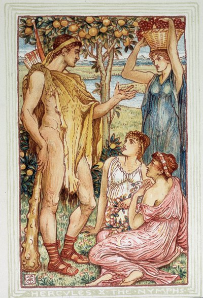 Hercules (Heracles) ja nymfit - Walter Cranen teoksessa "Ihmekirja tytöille ja pojille" tekijältä Walter Crane