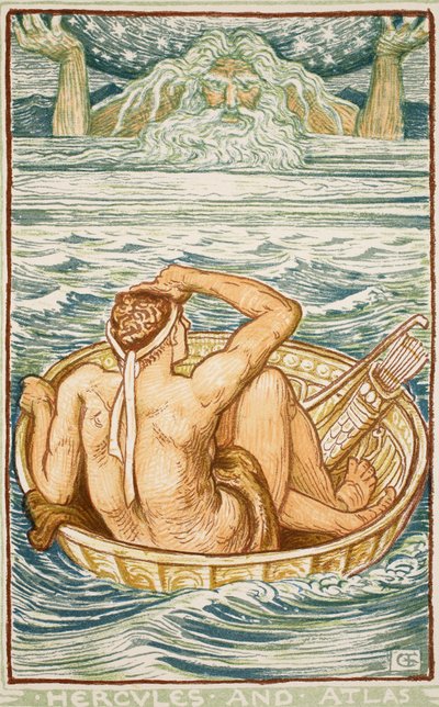 Hercules ja Atlas, kuvitus Nathaniel Hawthornen "Ihmekirjasta tytöille ja pojille", 1852 tekijältä Walter Crane