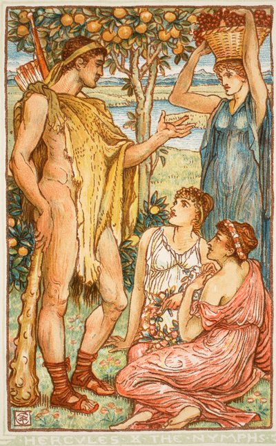 Hercules ja nymfit, kuvitus Nathaniel Hawthornen "Ihmekirjasta tytöille ja pojille", 1852 tekijältä Walter Crane