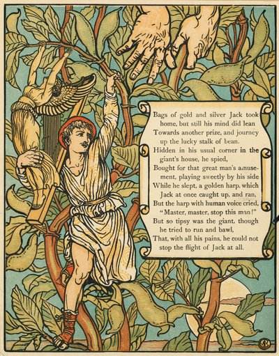 Jack laskeutumassa Beanstalkista Jack and the Beanstalk -pubista. 1875 (väri litho) tekijältä Walter Crane