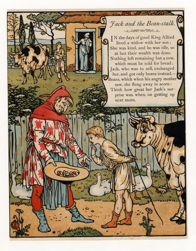 Jack myy lehmänsä pavuista, pubista The Blue Beard Picture Book. 1879 (väri litho) tekijältä Walter Crane