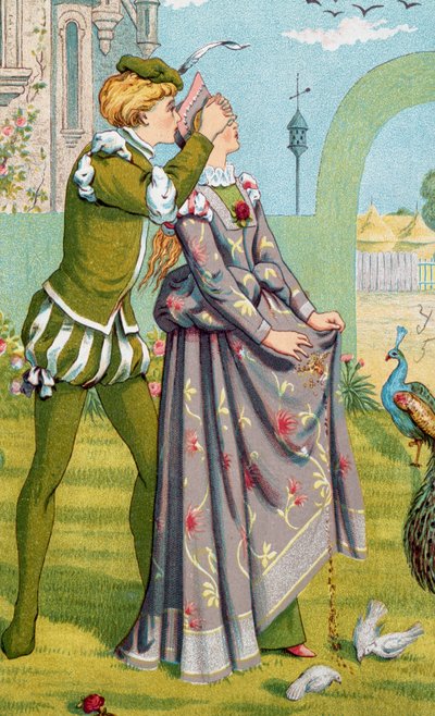 "Romanttinen yllätys" Nuori poika peittää nuoren tytön silmät. Kuvitus Walter Crane (1845-1915) ja Kate Greenaway (1846-1901). tekijältä Walter Crane