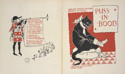Sisällysluettelo ja otsikkosivu kohtaan "Puss in Boots". tekijältä Walter Crane