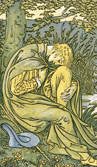 Rakastaja pään painuneena surusta, "O Willow, Willow", perinteinen englantilainen kansanlaulu, kuvitus teoksesta "Pan-Pipes", Vanhojen laulujen kirja, Uusi sovitettu ja säestetty Theo. Marzials pubi tekijältä Walter Crane