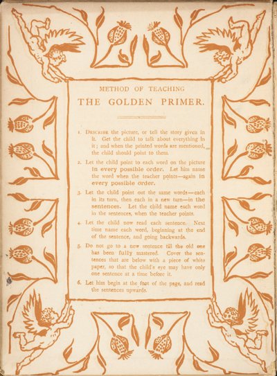 Kultaisen alukkeen opetusmenetelmä. Kukkareunus kerubeilla. tekijältä Walter Crane