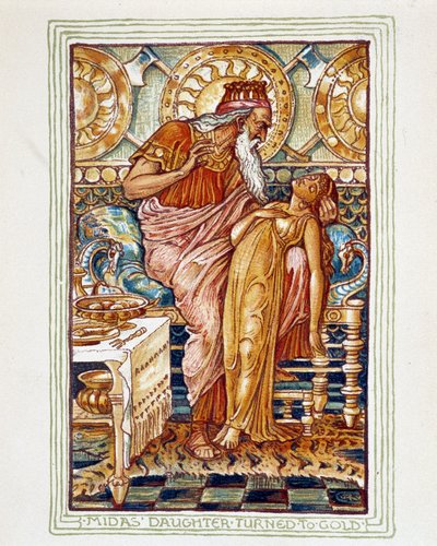 Midas muuttaa tyttärensä kullaksi kirjassa "Ihmekirja tytöille ja pojille" tekijältä Walter Crane