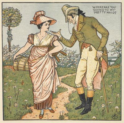 "Kaunis piikani". Herrasmies puhuu nuoren naisen kanssa. tekijältä Walter Crane