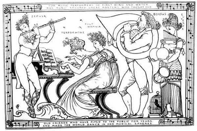 "Vanhat ystävät, jotka ovat soittaneet yleisölle vuosia ja saaneet maailman tanssimaan musiikillisissa piireissään" (litho) (m/v kuva) tekijältä Walter Crane