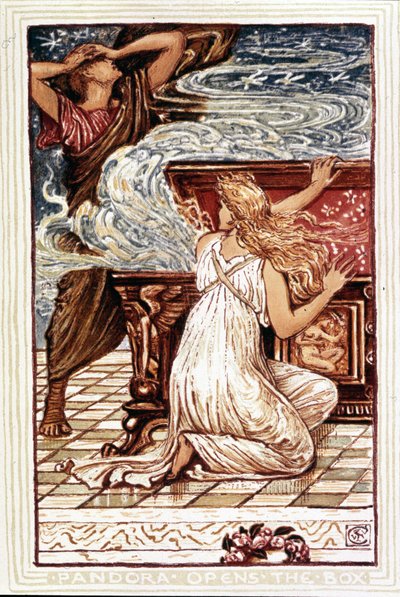 Pandora avaa laatikon. Walter Cranen kuvitus teokseen "Ihmekirja tytöille ja pojille", Lontoo 1893. tekijältä Walter Crane