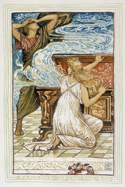 Pandora avaa lippaan - Walter Cranen teoksessa "Ihmekirja tytöille ja pojille: orapihlaja". 1895 tekijältä Walter Crane