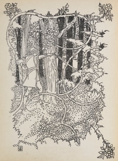 Prinssi Charming leikkaa tiensä umpeenkasvun metsän läpi Prinsessa Ruusunen luo. tekijältä Walter Crane