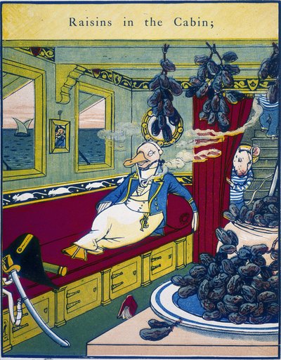 ""Grapes in the Cabin"", kohtaus laivan hytissä, jossa viinirypäleterttu etualalla - ""Routledgen värikkäässä kuvakirjassa"", joka sisältää ""kuningas Grizzly Bear", ""taikavene", " "Rumpelstiltskin" ja "Puffyn seikkailut", tekijältä Walter Crane