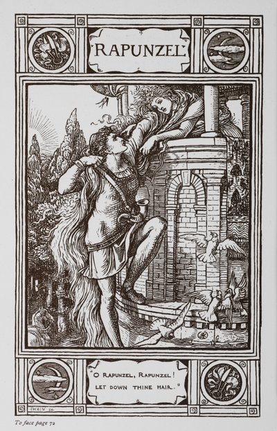 Rapunzel se debruça na janela de uma torre enquanto um príncipe sobe em seus cabelos. tekijältä Walter Crane