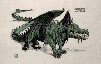 Esitys mytologisesta lohikäärmeestä Ashchemon Walter Cranen piirustus vuodelta 1899. tekijältä Walter Crane