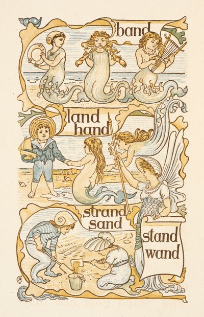 Rhyming sanat päättyvät kirjaimeen D. Mermaids. Lapset rakentavat hiekkalinnoja rannalle. Kultainen pohjamaali. tekijältä Walter Crane