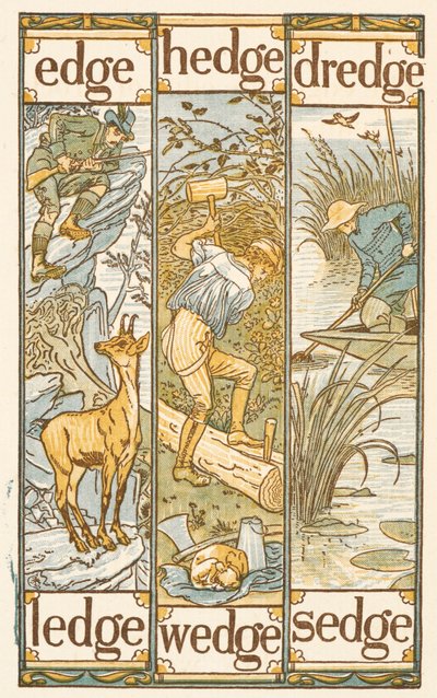 Riimittäviä sanoja, jotka päättyvät kirjaimeen E. Kultainen aluke. tekijältä Walter Crane