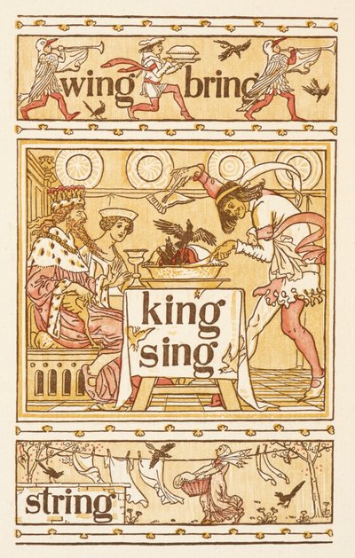 Riimiä sanoja, jotka päättyvät kirjaimeen G. Blackbirds in a. Pesulinja. Kultainen pohjamaali. tekijältä Walter Crane