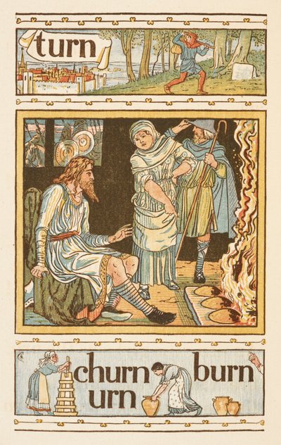Riimittäviä sanoja, jotka päättyvät kirjaimeen N. Kuva, joka näyttää mahdollisesti kuningas Alfred ja palavat kakut. Kultainen pohjamaali. tekijältä Walter Crane