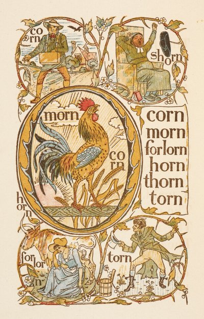 Riimittäviä sanoja, jotka päättyvät kirjaimeen N. Havainnollistaa O-kirjaimen käyttöä. Kultainen aluke. tekijältä Walter Crane