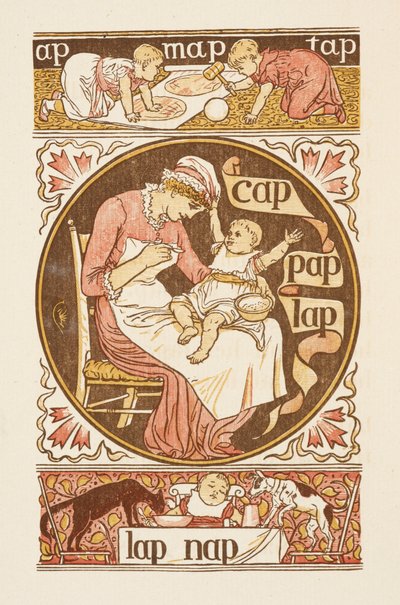 Riimittäviä sanoja, jotka päättyvät kirjaimeen P. Kuva, jossa nainen ruokkii lasta. Kultainen pohjamaali. tekijältä Walter Crane