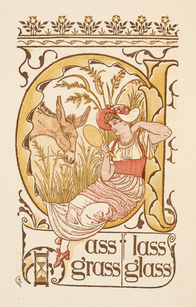 Riimiviä sanoja, jotka päättyvät kirjaimeen S. Nainen, jolla on kasvopeili. Kultainen pohjamaali. tekijältä Walter Crane