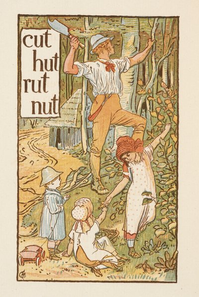 Riimittäviä sanoja, jotka päättyvät kirjaimeen T. Kuva, jossa mies katkaisee puuta. Hänen kanssaan on kolme lasta. Kultainen pohjamaali. tekijältä Walter Crane