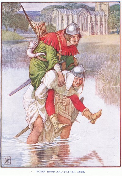 Robin Hood ja isä Tuck, n. 1920 tekijältä Walter Crane