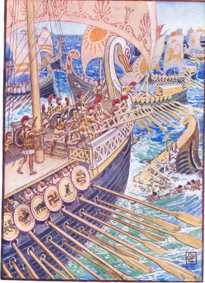 Laiva törmäsi laivaa vastaan, kunnes persialaiset kuolleet levittivät syvyyksiin kuin kukkia, esimerkki Kreikan tarinasta, 1930-luku tekijältä Walter Crane
