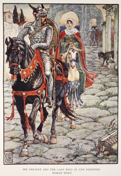 Sir Geraint ja lady Enid autiossa roomalaisessa kaupungissa, Henry Gilbertin "Pyöreän pöydän ritarien tarinoita", ensimmäinen painos, 1911 tekijältä Walter Crane