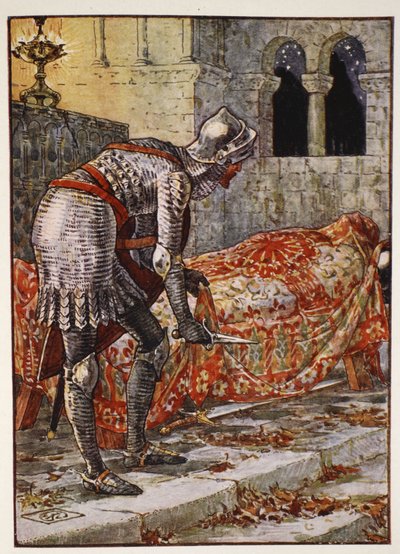 Sir Lancelot in the Chapel Perilous, Henry Gilbertin "Pyöreän pöydän ritarien tarinoista", ensimmäinen painos, 1911 tekijältä Walter Crane