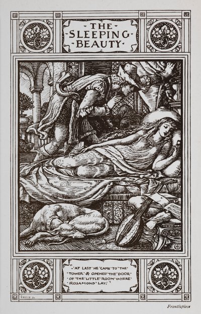 Sleeping Beauty makaa nukkumassa nukkuvan koiran ja soittimen ympäröimänä, kun Prinssi Charming valvoo häntä. tekijältä Walter Crane