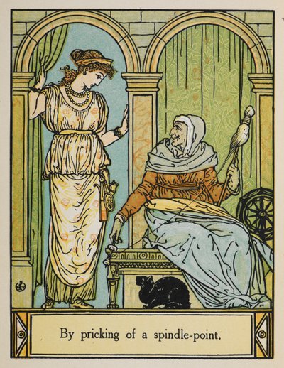 Prinsessa Ruusunen seisoo vanhan naisen vieressä, jolla on pyörivä pyörä ja lanka. Sen alla istuu musta kissa. tekijältä Walter Crane