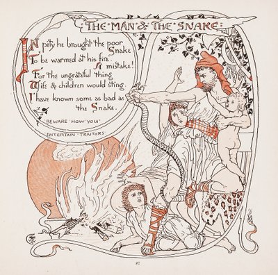 The Man & The Snake, kuvitus Aesops Fablesista, pub. 1887 tekijältä Walter Crane
