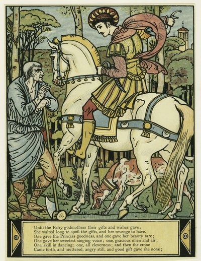 Prinssi kysyy reittiohjeita The Blue Beard Picture Bookista, pubista. 1879 (väri litho) tekijältä Walter Crane