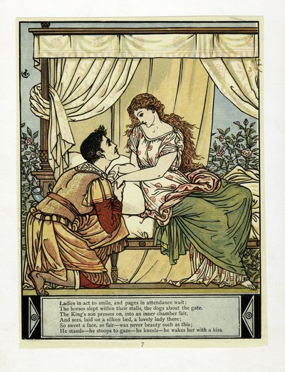 Prinssi herättää kauneuden, The Blue Beard Picture Book -pubista. 1879 (väri litho) tekijältä Walter Crane
