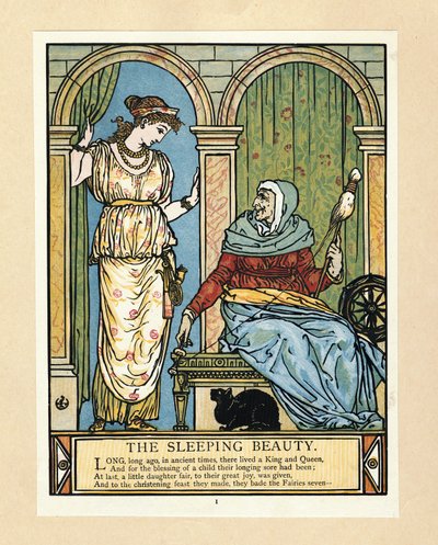 Prinsessa oppii pyörimään, The Blue Beard Picture Book -pubista. 1879 (väri litho) tekijältä Walter Crane