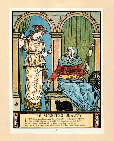 Prinsessa oppii pyörimään, The Blue Beard Picture Book -pubista. 1879 värilitografia, 1879. tekijältä Walter Crane