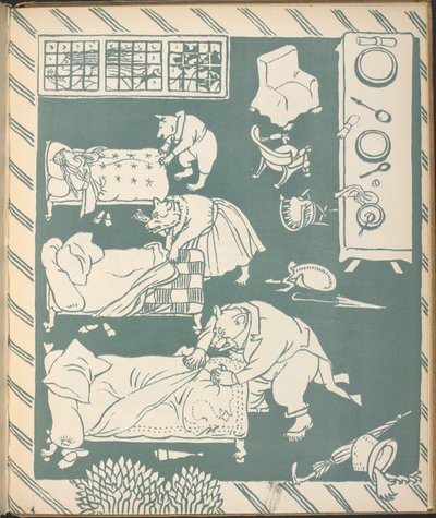 Kolme karhua, petaamassa sänkyään. tekijältä Walter Crane