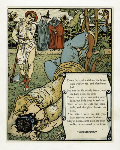 Jättiläinen murtaa niskansa, The Blue Beard Picture Book, pub. 1879 (väri litho) tekijältä Walter Crane