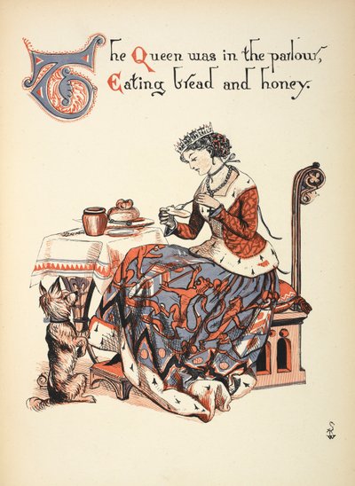 Kuningatar oli salissa ja söi leipää ja hunajaa. tekijältä Walter Crane